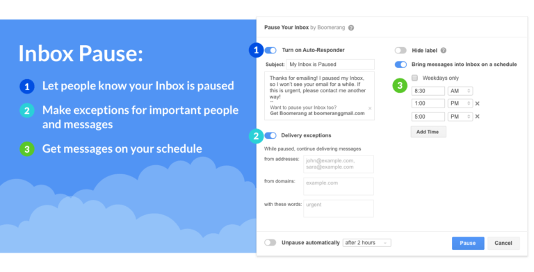 Boomerang también permite ocultar la bandeja de entrada con Inbox Pause