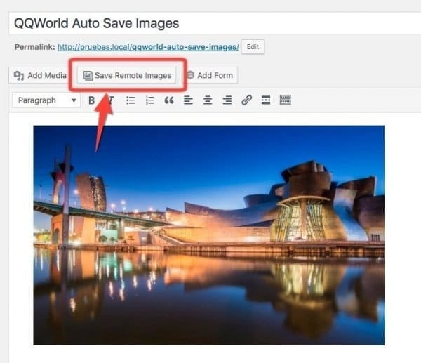 Botón de QQWorld Auto Save Images en el editor de WordPress - Plugins para imágenes remotas