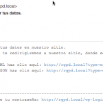 Email recibido tras pedir exportación de datos RGPD en el plugin